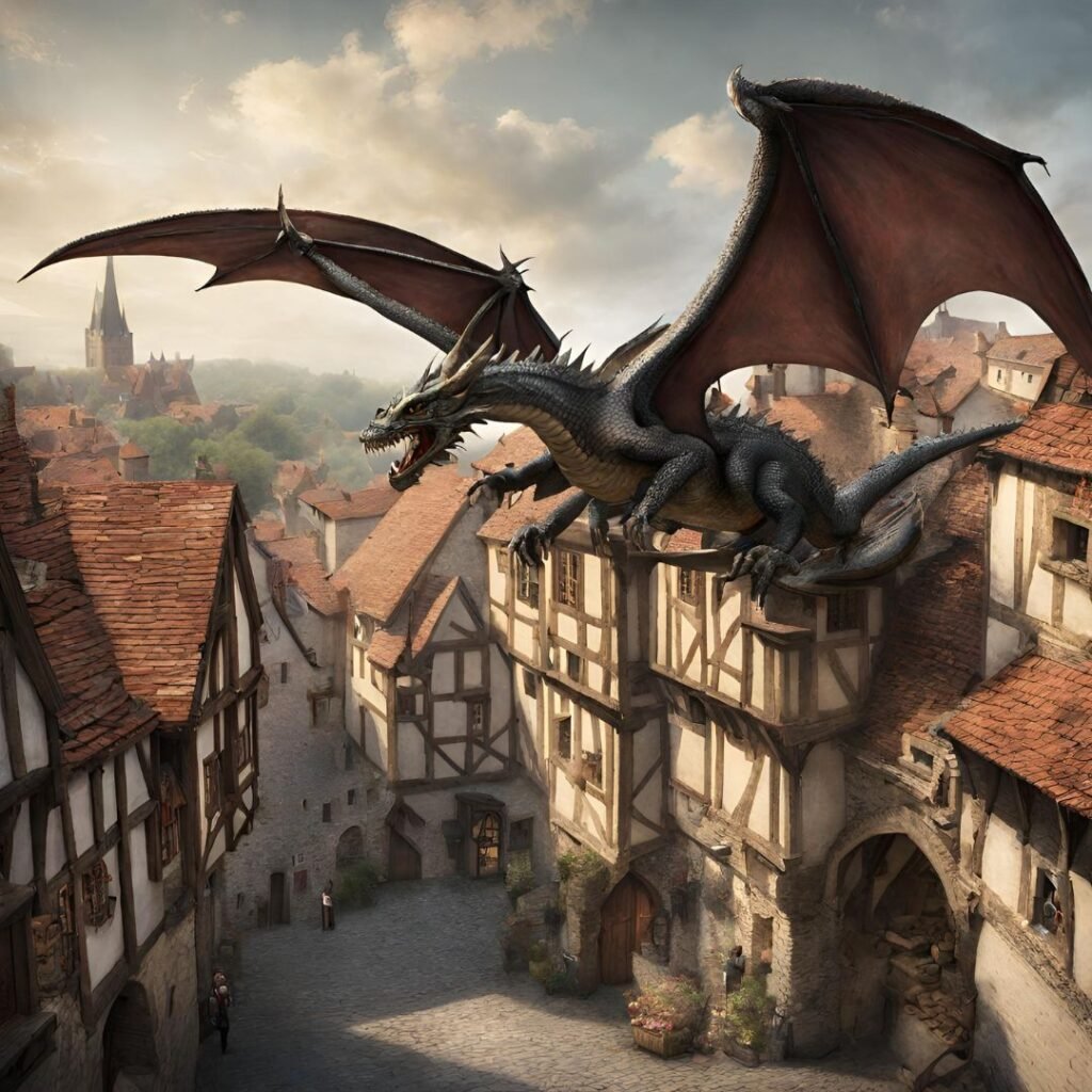 22Un dragon volando sobre un pueblo medieval.22