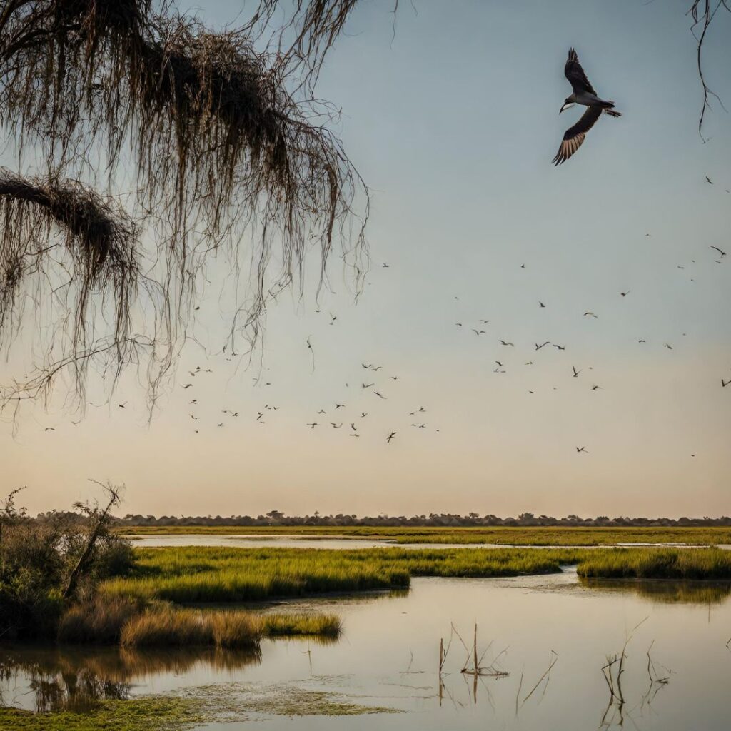 Vista de Esteros del Iberá, Corrientes. Aves sobre vuelan.