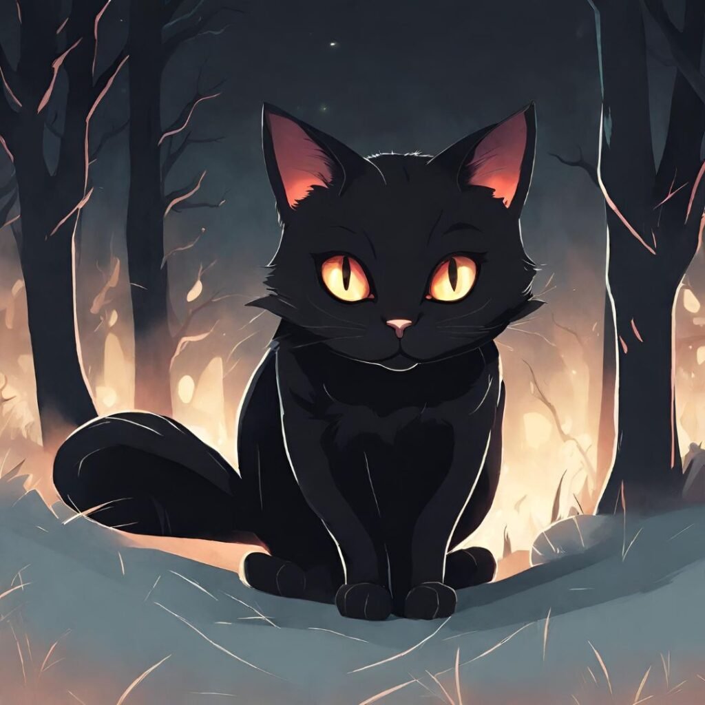 Un gato negro con ojos brillantes en la oscuridad