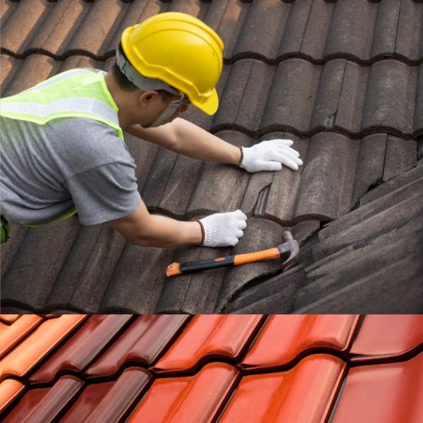 Hombre haciendo Mantenimiento en techo de tejas