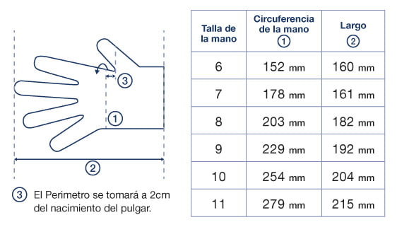 Tabla de Dimensiones de la mano según talle