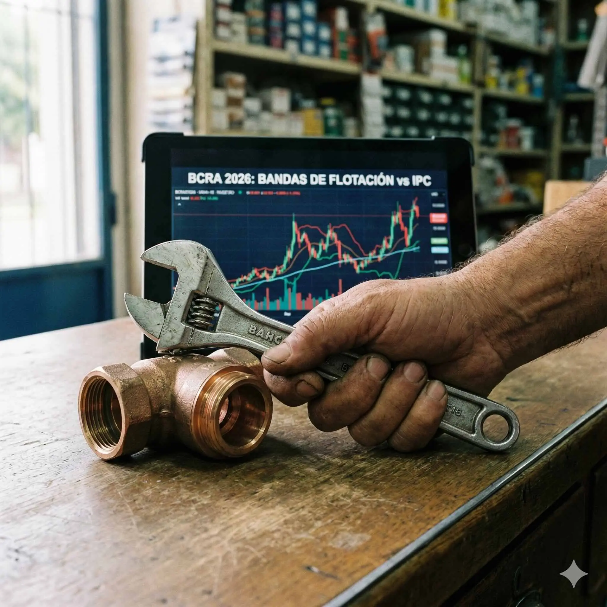 Hombre analizando bandas de flotación por IPC en la ferretería