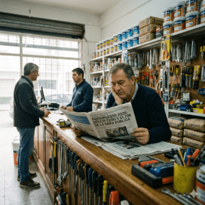 Ferretero preocupado en su local lee un diario con el titular "Presupuesto 2026: Déficit Cero y el fin de la obra pública".