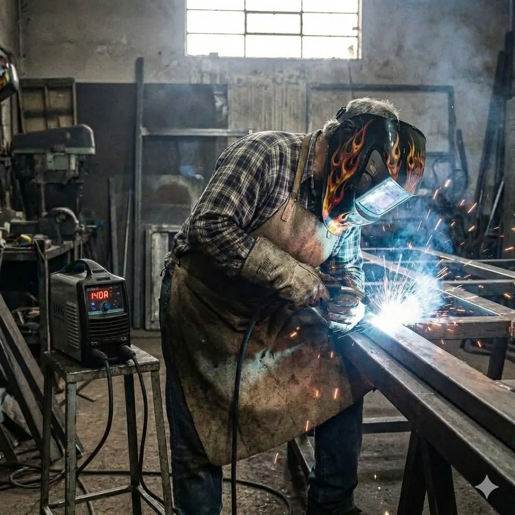 Soldadoras eléctricas profesionales en Argentina utilizando una máquina inverter de última generación para herrería de obra.