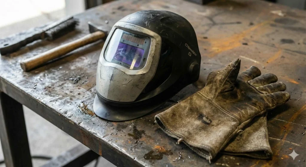 Equipo de protección personal EPP para soldadura: máscara fotosensible y guantes de cuero para evitar quemaduras por arco eléctrico.