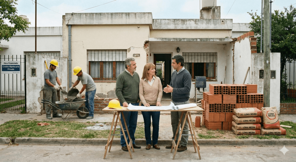 Presupuesto 2026: ¿Cómo aprovechar el auge de las refacciones privadas? 1 Presupuesto 2026 Pareja y contratista revisan planos en una refacción de hogar activa con albañiles y bolsas de cemento Loma Negra. Un cartel destaca "Obra Financiada - Crédito Hipotecario Privado", ilustrando el nuevo motor de la construcción.