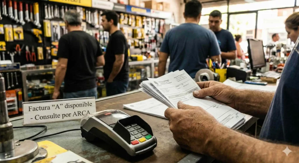 Impuesto a las Ganancias 2026: Cómo impacta ARCA en tu negocio 1 Comerciante ferretero revisando facturas y deducciones impositivas para la declaración del Impuesto a las Ganancias 2026 ante ARCA.