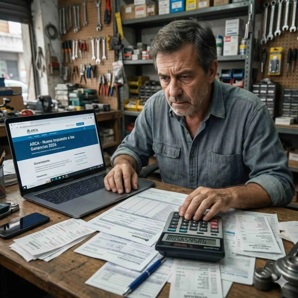 Dueño de ferretería en Argentina analizando las nuevas escalas del Impuesto a las Ganancias 2026 de ARCA en su oficina.