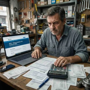 NOVEDADES 27 Dueño de ferretería en Argentina analizando las nuevas escalas del Impuesto a las Ganancias 2026 de ARCA en su oficina.