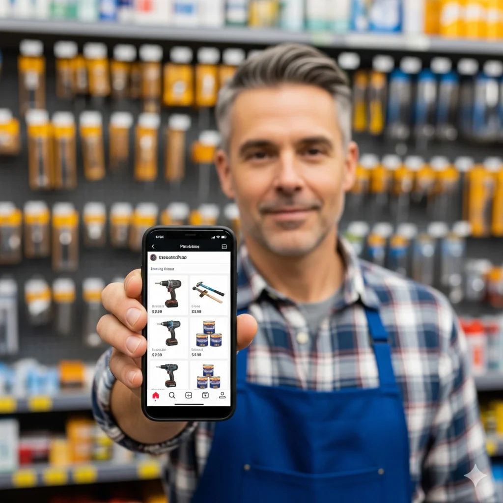 Dueño de local impulsando ventas en ferreterías mediante redes sociales en su celular.