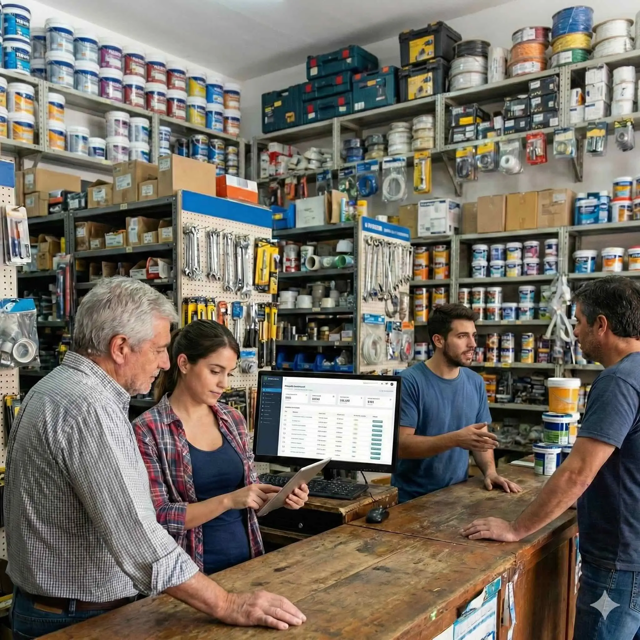 Implementación de estrategia pyme en ferretería familiar, con el dueño y la nueva generación utilizando una tablet para gestionar una venta y digitalizar el negocio.