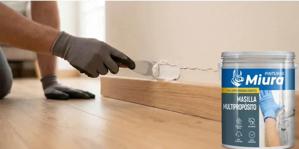 Masilla Multipropósito Miura: La solución definitiva para sellar juntas y grietas 1 Primer plano de un profesional aplicando Masilla Multipropósito Miura con espátula sobre una grieta en pared interior de una sala de estar, cerca de un zócalo de madera
