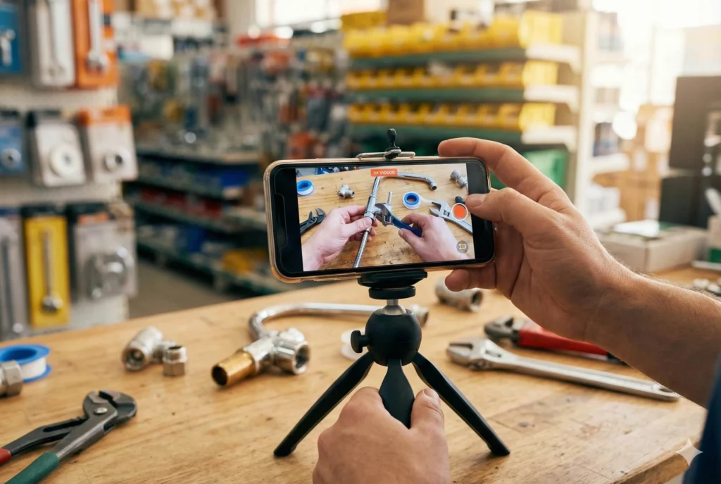 Grabación de video tutorial sobre plomería con celular y trípode para aumentar ventas en ferreterías.