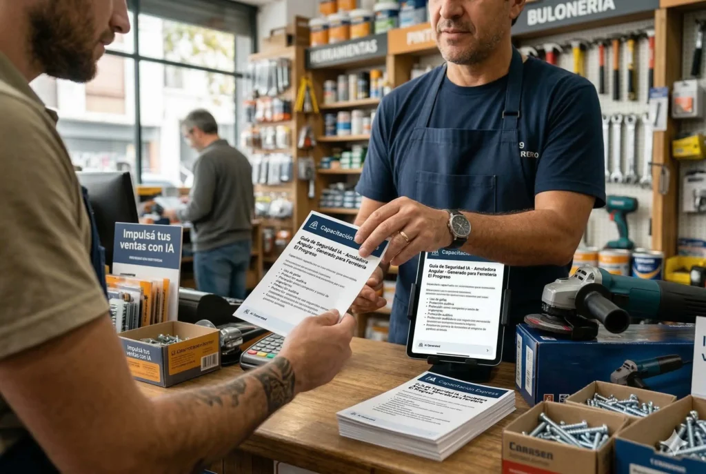 Ferretero entregando una guía de seguridad técnica generada con IA para ferreterías a un cliente en el mostrador de ventas.