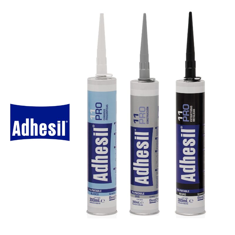 Tres presentaciones de Adhesil 11 Pro, balnco, gris y negro