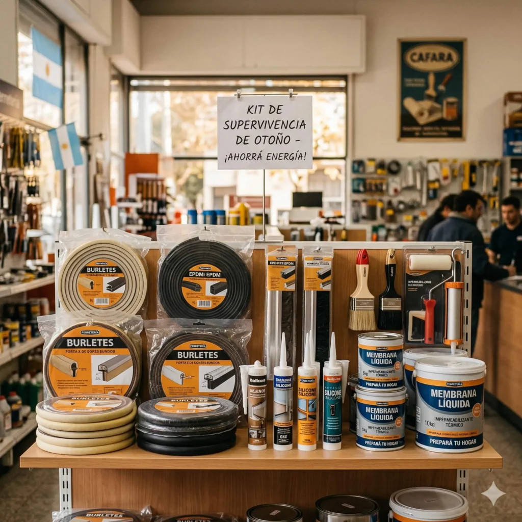 "Exhibición detallada del 'Kit de Supervivencia de Otoño' en el mostrador de una ferretería argentina. Se muestran rollos de burletes autoadhesivos y de goma, tubos de selladores de silicona, latas de membrana líquida para impermeabilización y pinceles. Un letrero central dice: 'KIT DE SUPERVIVENCIA DE OTOÑO - ¡AHORRÁ ENERGÍA!'. Fondo con poster de CAFARA y banderas argentinas."