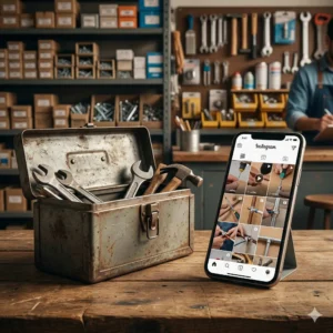 Caja de herramientas antigua y smartphone con Instagram sobre mostrador de madera, representando el proceso de digitalizar tu ferretería.