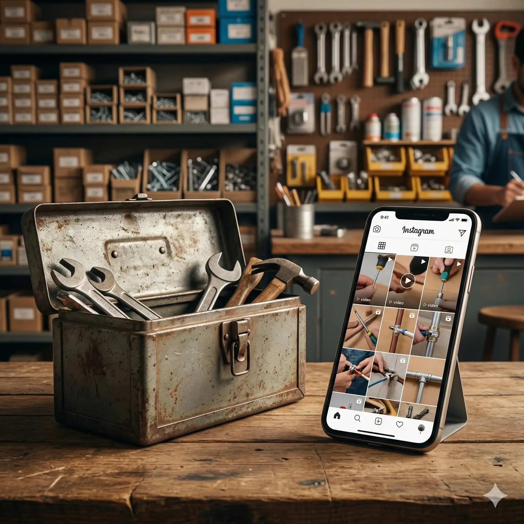 Caja de herramientas antigua y smartphone con Instagram sobre mostrador de madera, representando el proceso de digitalizar tu ferretería.