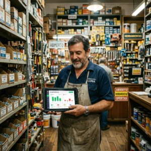 Ferretero argentino consultando gráficos digitales de gestión de stock en una tablet dentro de una ferretería de barrio organizada