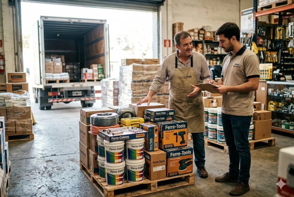 Una fotografía horizontal 3:2 de un dueño de ferretería negociando con un representante de distribución sobre un palet recién llegado de mercancía, optimizando la gestión de stock
