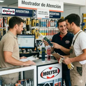 Fotografía de interior en el mostrador de atención de una ferretería 'MOLYSIL ARGENTINA', donde tres hombres interactúan. Un empleado con polo azul sonríe y señala un cartucho de sellador que sostiene un cliente en overoles. Un segundo empleado consulta una computadora. Letreros legibles en el fondo y colgando dicen 'Mostrador de Atención', 'MOLYSIL ARGENTINA para un sellado perfecto - Soluciones en Sellado' y 'EVITA RECLAMOS, FIDELIZA CLIENTES'. Cartuchos de sellador (incluyendo SILIKOTE) sobre el mostrador.