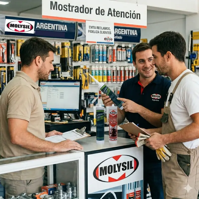 Fotografía de interior en el mostrador de atención de una ferretería 'MOLYSIL ARGENTINA', donde tres hombres interactúan. Un empleado con polo azul sonríe y señala un cartucho de sellador que sostiene un cliente en overoles. Un segundo empleado consulta una computadora. Letreros legibles en el fondo y colgando dicen 'Mostrador de Atención', 'MOLYSIL ARGENTINA para un sellado perfecto - Soluciones en Sellado' y 'EVITA RECLAMOS, FIDELIZA CLIENTES'. Cartuchos de sellador (incluyendo SILIKOTE) sobre el mostrador.