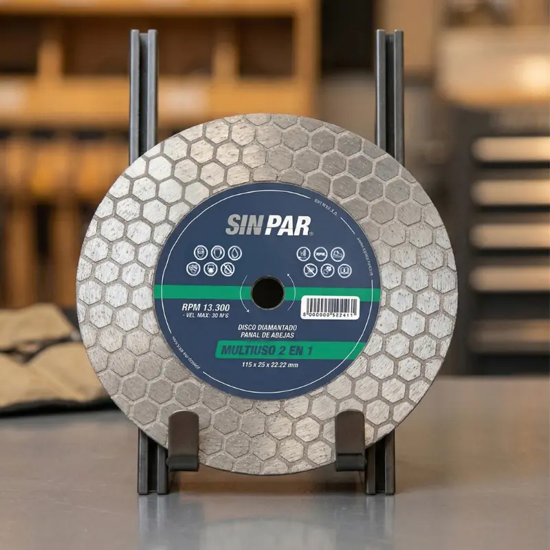 Fondo difuso de un taller con un primer plano del Discos doble diamantado Sin Par en exhibidor