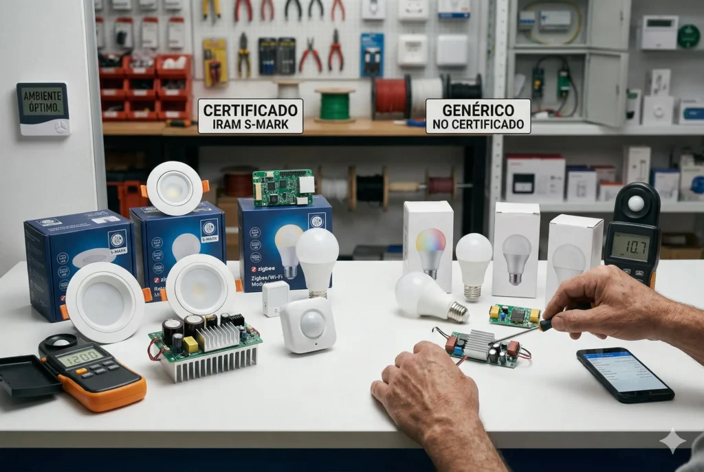 Iluminación LED y Domótica: Esencial para el Instalador 1 Comparativa técnica de componentes de iluminación LED y domótica con certificación IRAM frente a productos genéricos en un banco de trabajo profesional.