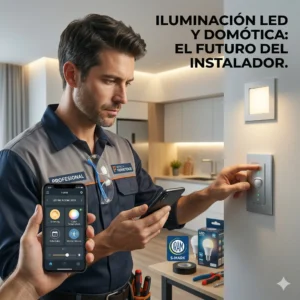 Instalador profesional configurando un sistema de iluminación LED y domótica mediante una aplicación móvil e interruptor inteligente.