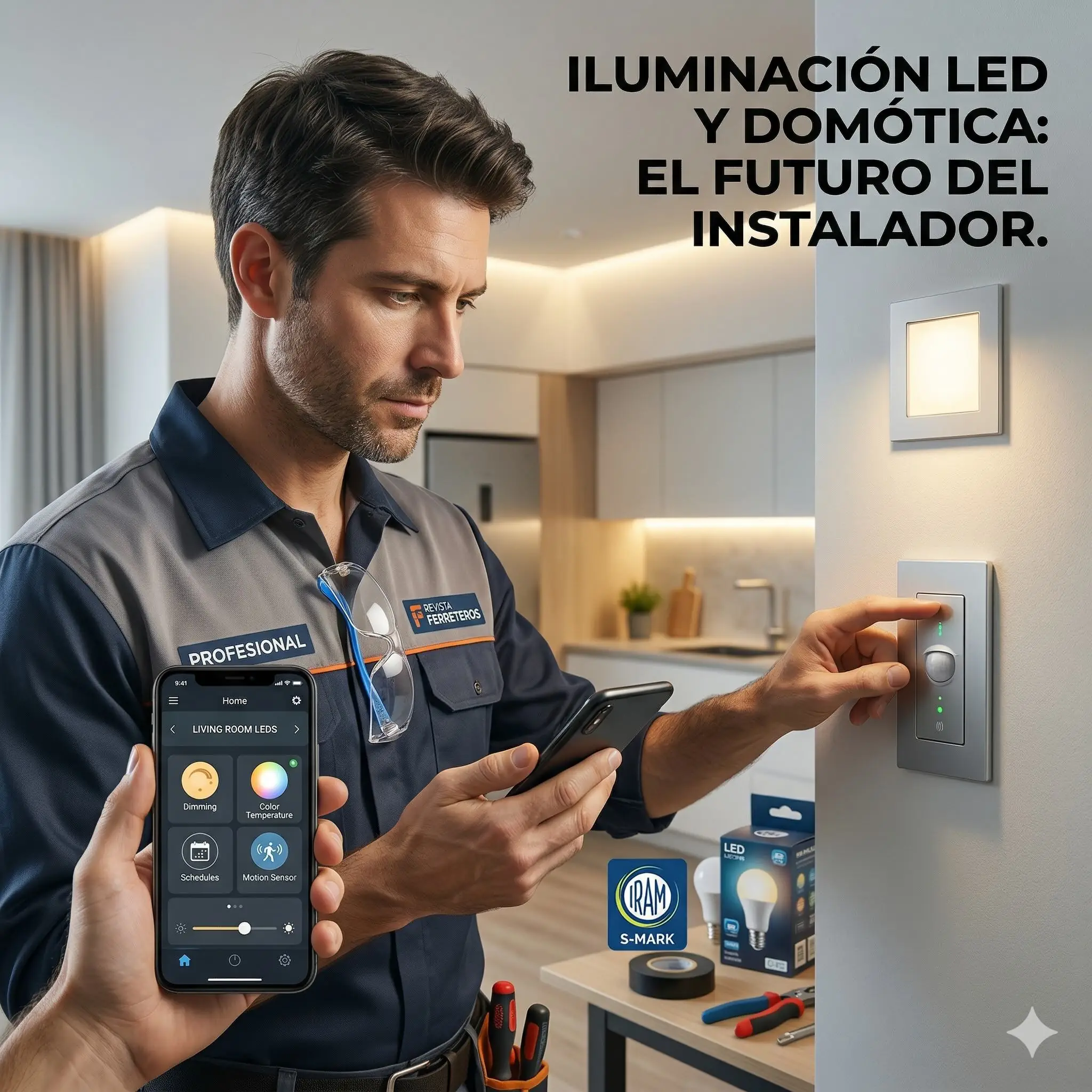 Instalador profesional configurando un sistema de iluminación LED y domótica mediante una aplicación móvil e interruptor inteligente.