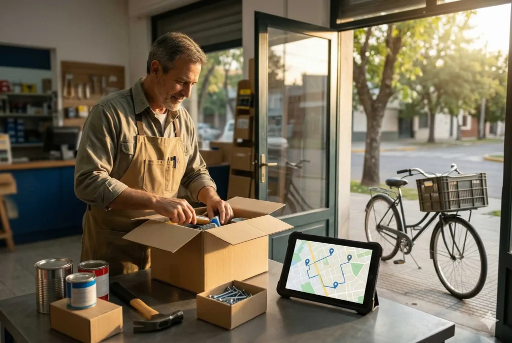 Dueño de ferretería empacando pedido local junto a tableta con mapa de rutas de entrega en Buenos Aires.