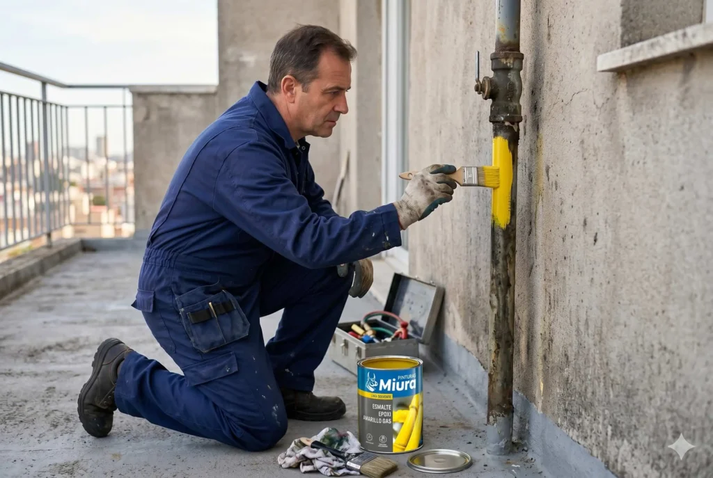 Gasista profesional aplicando esmalte epoxi amarillo Miura en cañería de gas de una terraza en Argentina, realizando tareas de mantenimiento y protección anticorrosiva.