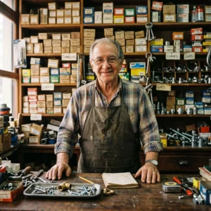Retrato de primer plano de un ferretero amigable y experimentado, el psicólogo de la obra, atendiendo detrás de su mostrador con herramientas y tornillos.