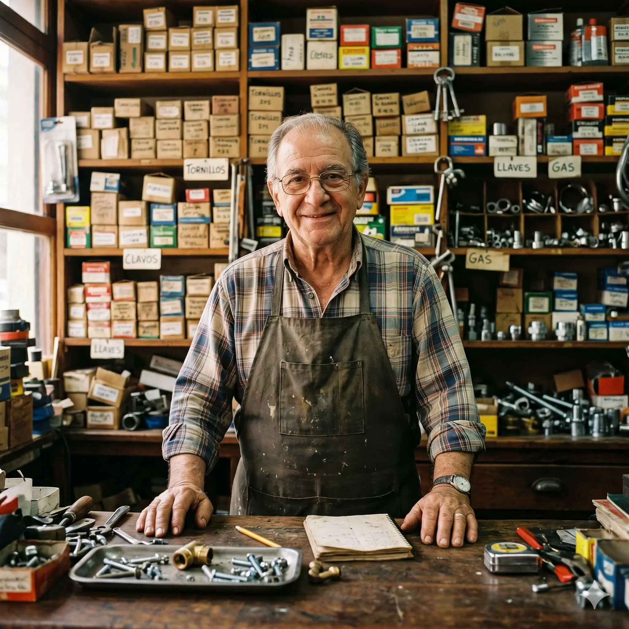 Retrato de primer plano de un ferretero amigable y experimentado, el psicólogo de la obra, atendiendo detrás de su mostrador con herramientas y tornillos.