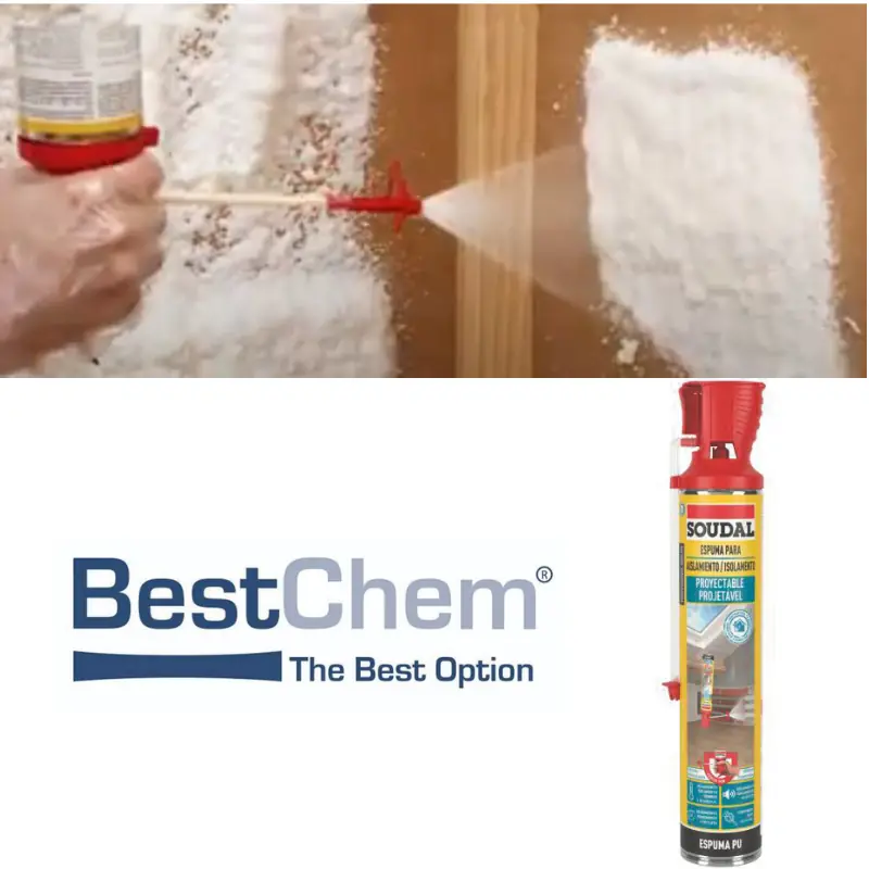 Espuma de Aislamiento Proyectable SOUDOL Genius en aplicación sobre una pared y envase destacado con logo Bestchem