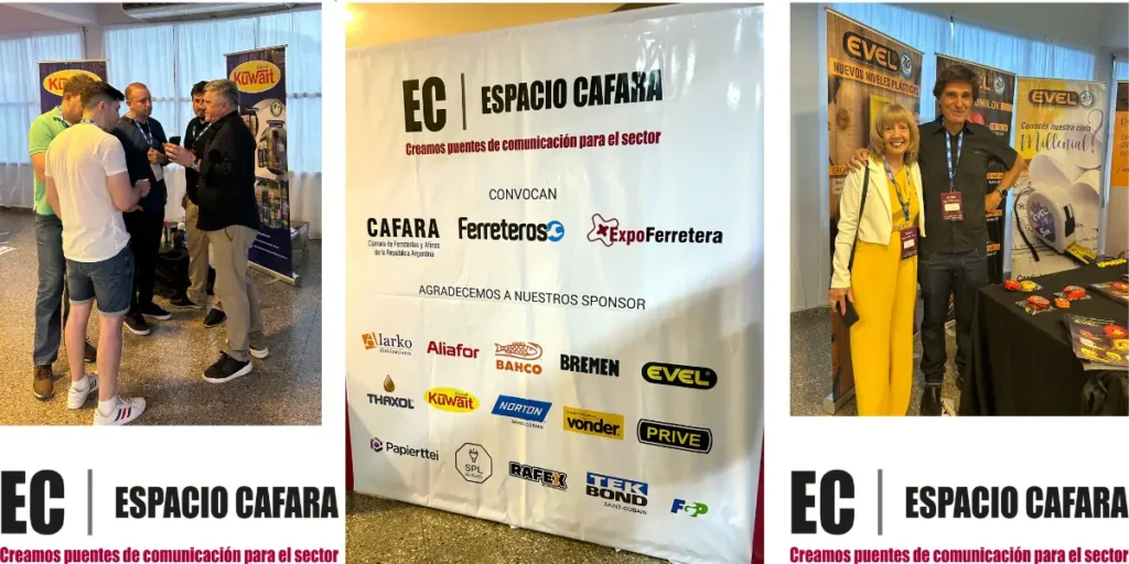 Espacio CAFARA 2026: Rosario se prepara para un encuentro clave del negocio ferretero 1 Muestra de Espacio CAFARA 2024 con banner de sponsors y las mesas de trabajo de empresas Evel y Kuwait entre otras participantes