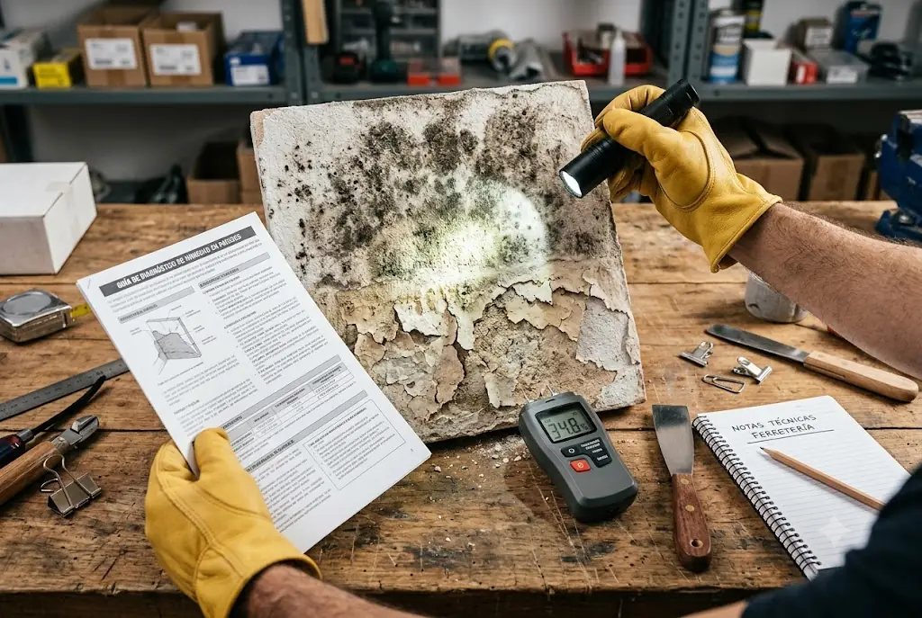 Ferretero realizando diagnóstico técnico de humedad en paredes utilizando medidor digital y linterna para analizar el daño