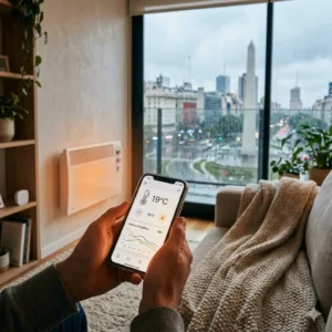 Una persona controla la domótica en calefacción eficiente desde su celular en un departamento en Buenos Aires durante el invierno, mostrando un gráfico de ahorro energético