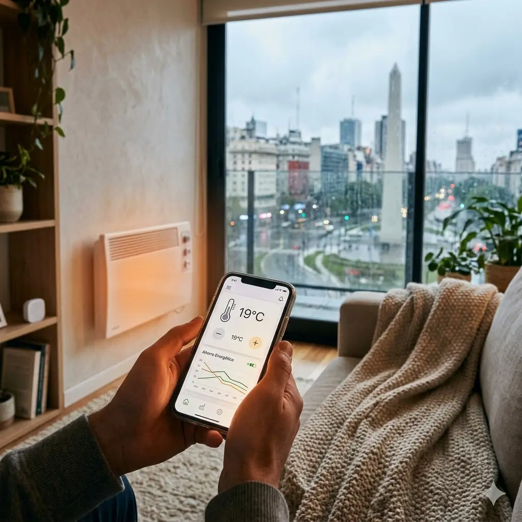 Una persona controla la domótica en calefacción eficiente desde su celular en un departamento en Buenos Aires durante el invierno, mostrando un gráfico de ahorro energético