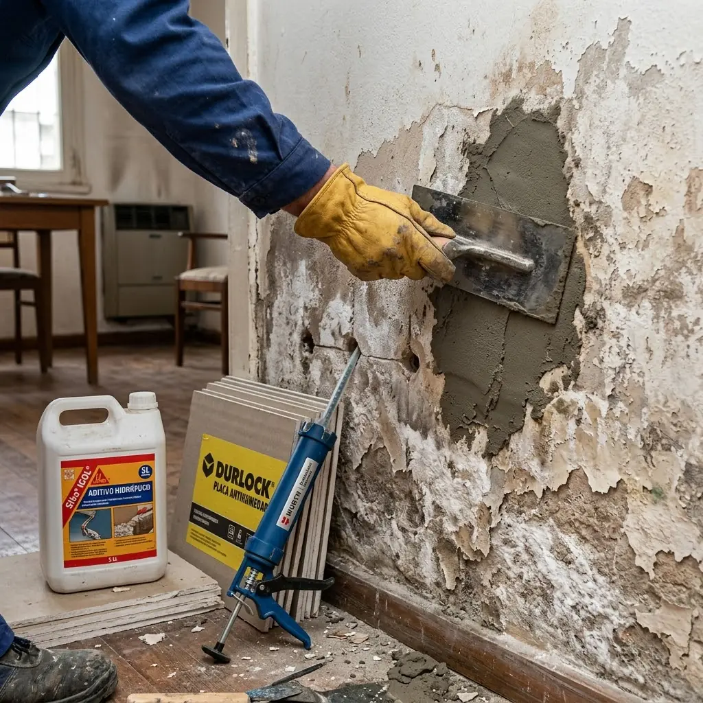 Operario con guante de trabajo profesional aplicando mortero técnico para reparar una pared con humedad en paredes y salitre, utilizando herramientas de ferretería