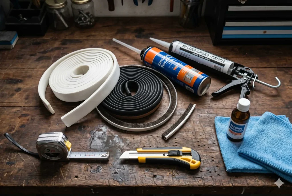 Aislacion Térmica Del Hogar: Guia práctica para ahorrar este invierno 1 Vista superior de herramientas y materiales para aislación térmica: rollos de burletes, espuma de poliuretano, sellador acrílico, cutter y cinta métrica sobre banco de carpintero.