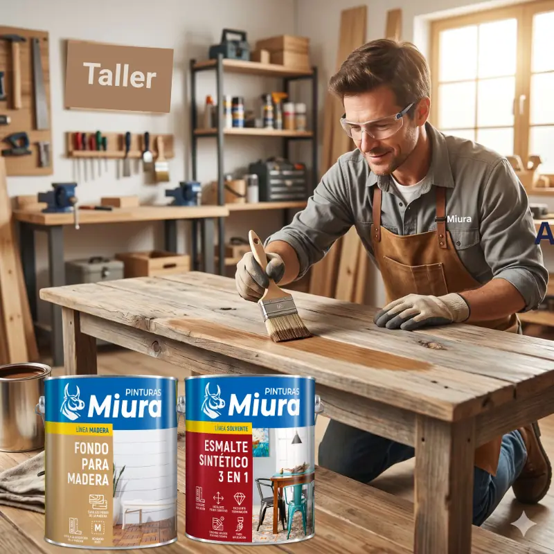 Primer plano de un carpintero aplicando barniz con brocha a una mesa de madera de estilo rústico en un taller bien equipado, con una lata de Miura Fondo y Esmalte en primer plano