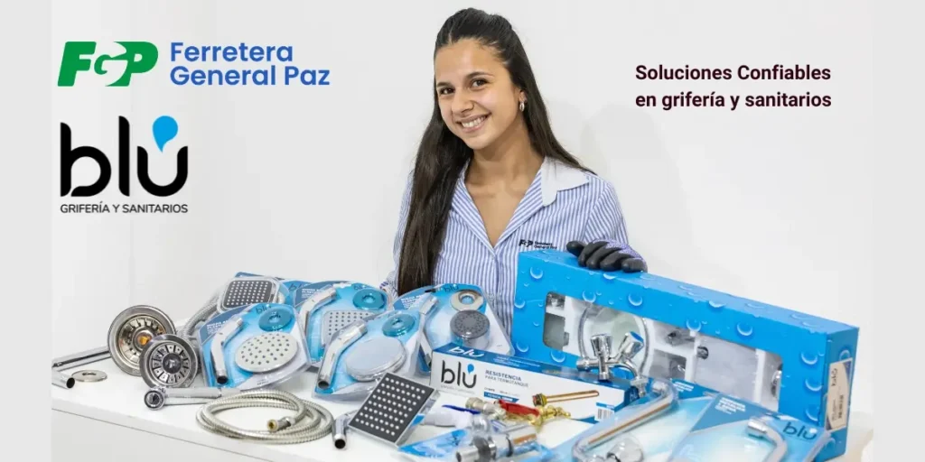 Blú: soluciones confiables en grifería y sanitarios 1 Mostrador completo de productos Blú de FGP Soluciones confiables en gripería y sanitarios, detras del mostrador una vendedora