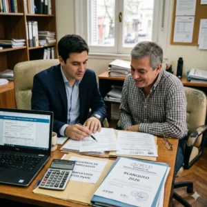 Un asesor laboral y el dueño de un comercio revisando documentos oficiales y una notebook para adherirse al Blanqueo Laboral ARCA en una oficina PyME.