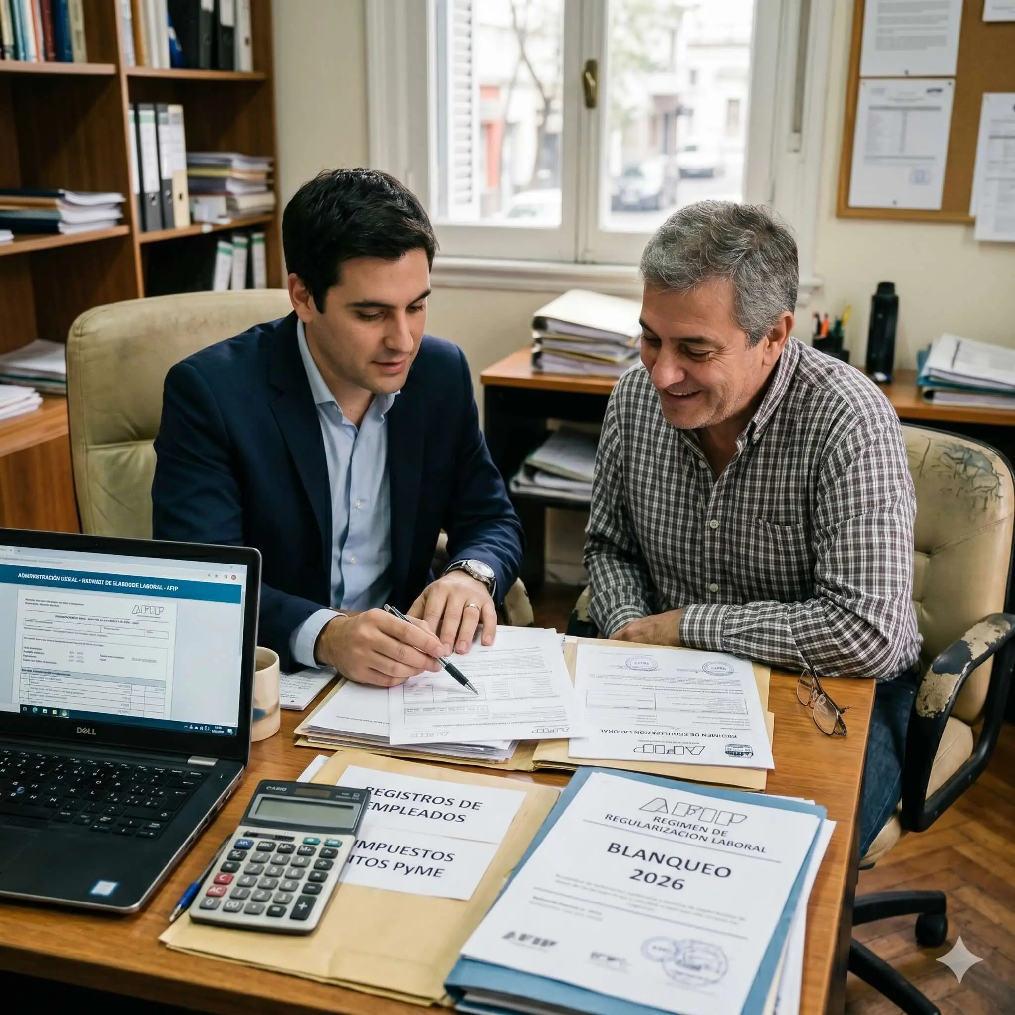 Un asesor laboral y el dueño de un comercio revisando documentos oficiales y una notebook para adherirse al Blanqueo Laboral ARCA en una oficina PyME.