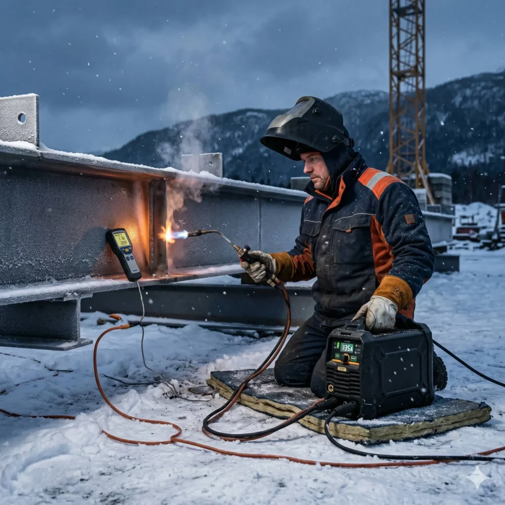 Soldar en invierno: operario realizando precalentamiento de piezas de acero con soplete y equipo inverter en obra exterior con nieve.