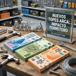 NOVEDADES 25 Infografía sobre los nuevos topes de ARCA en una mesa de ferretería con billetes de pesos argentinos y herramientas de mano.