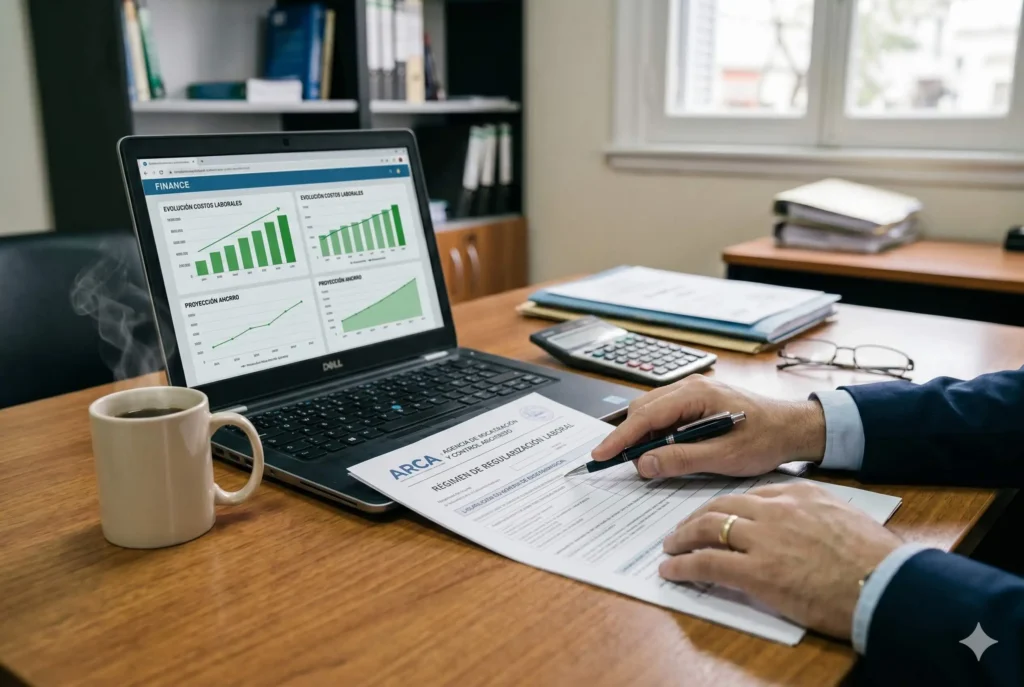 Blanqueo Laboral ARCA: Guía paso a paso y códigos para registrar a tu personal sin multas 1 Primer plano de manos de un contador señalando un formulario de inscripción para el Blanqueo Laboral ARCA sobre un escritorio con una computadora.