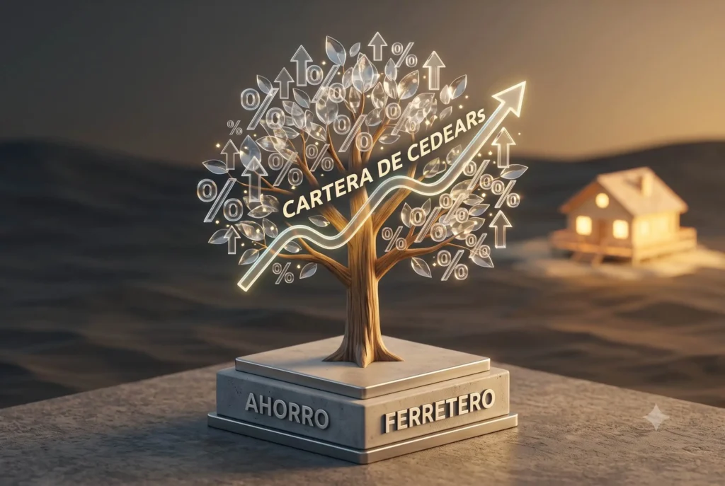 Inversión ferretera representada mediante un árbol que crece desde una base sólida de ahorro, con hojas de porcentajes financieros y una casa de retiro al fondo.