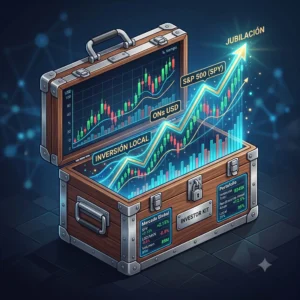 NOVEDADES 21 Inversión ferretera representada mediante una caja de herramientas de acero con gráficos financieros ascendentes de CEDEARs y S&P 500 para la jubilación.